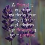 A friend is one who overlooks your broken fence and admires the flowers in your garden